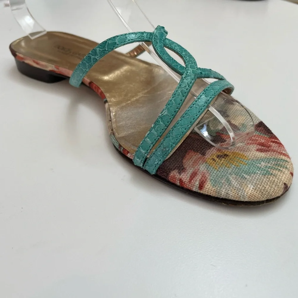 Dolce & Gabbana Turquoise Snake-Embossed Leather & Floral Canvas Flats Size 7.5 - Picture 9 of 9